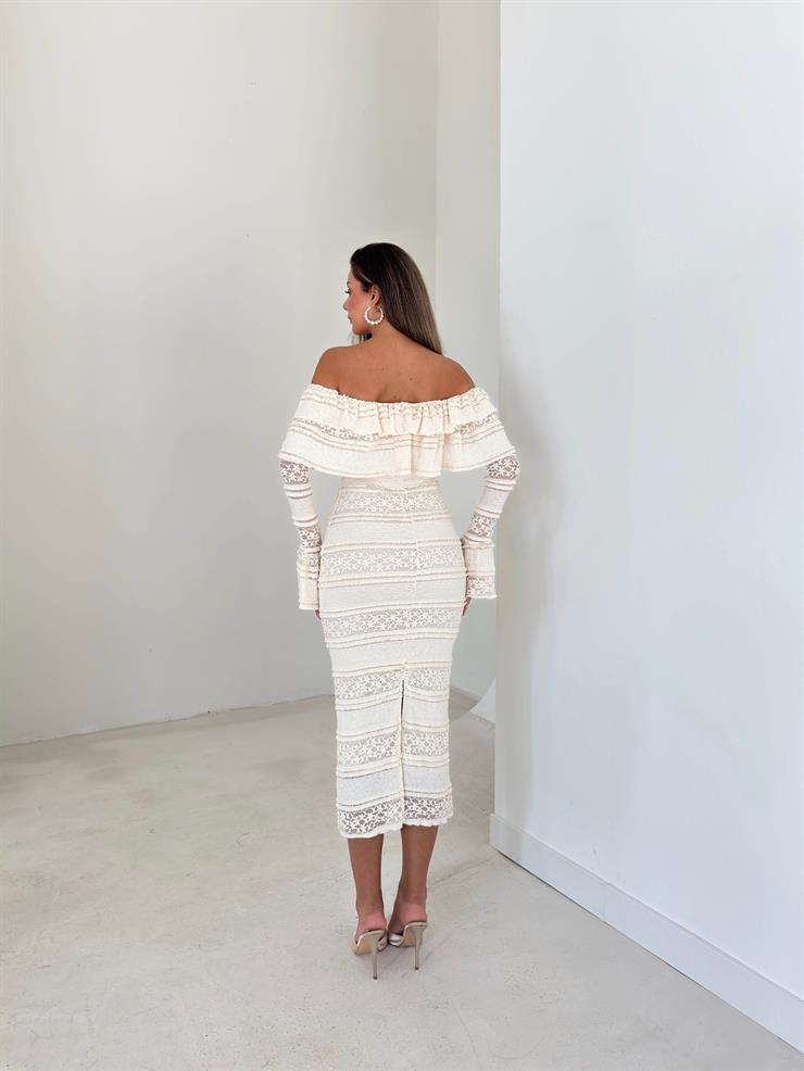 Madonna Yaka Dantelli Kalinda Bej Kadın Midi Elbise 26K112