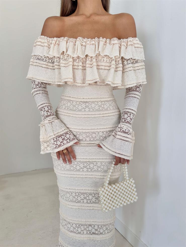 Madonna Yaka Dantelli Kalinda Bej Kadın Midi Elbise 26K112