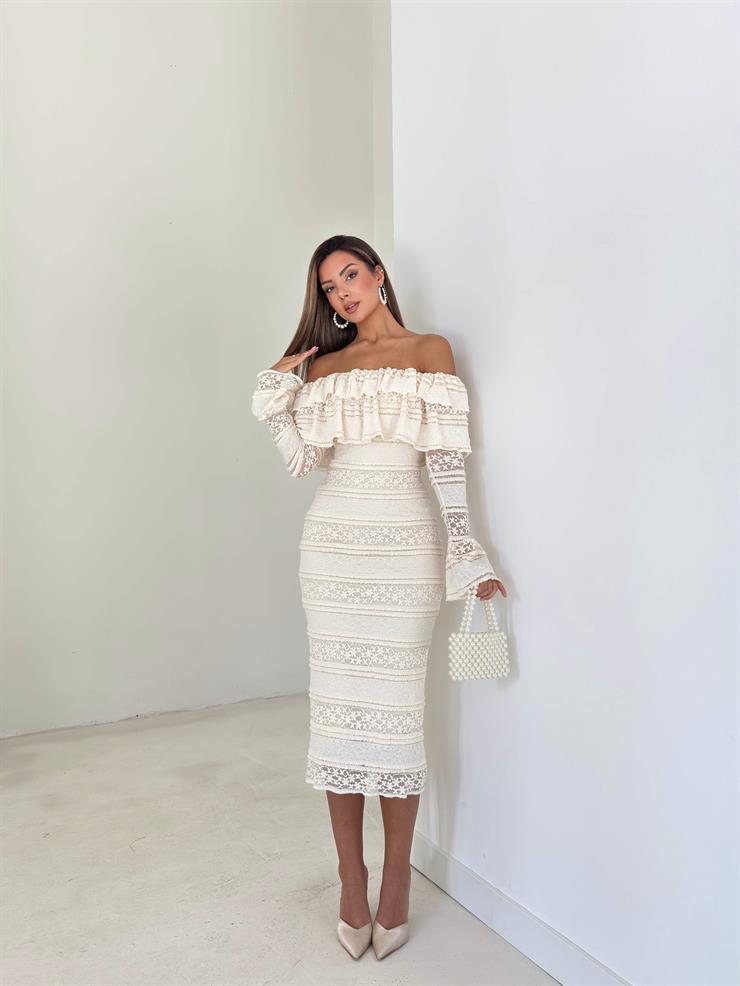 Madonna Yaka Dantelli Kalinda Bej Kadın Midi Elbise 26K112