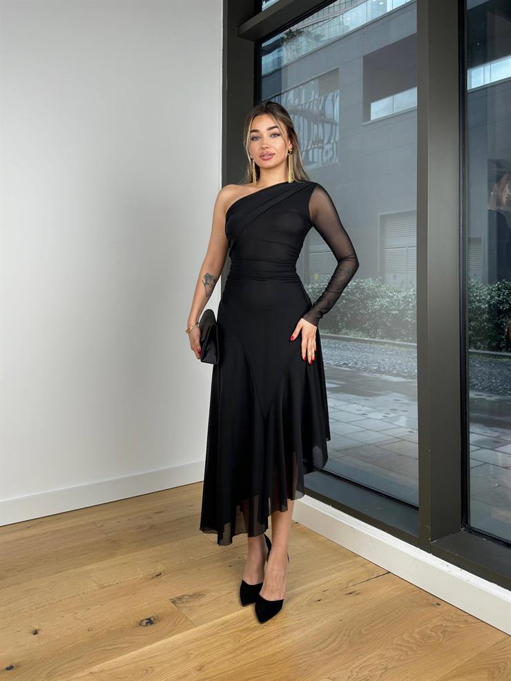Tek Kol Drapeli Kallen Siyah Kadın Midi Elbise 25K463