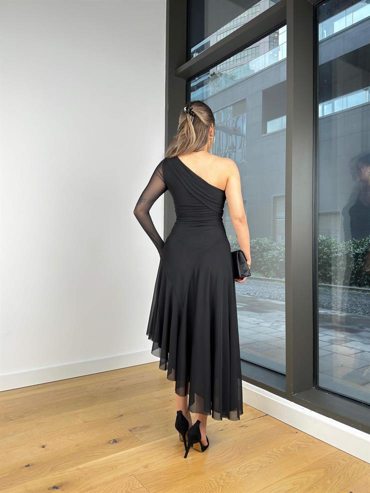 Tek Kol Drapeli Kallen Siyah Kadın Midi Elbise 25K463