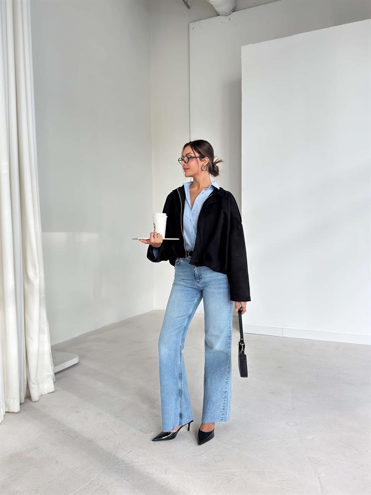 Fermuarlı Geniş Yaka Kalmen Siyah Kadın Mont 26K081