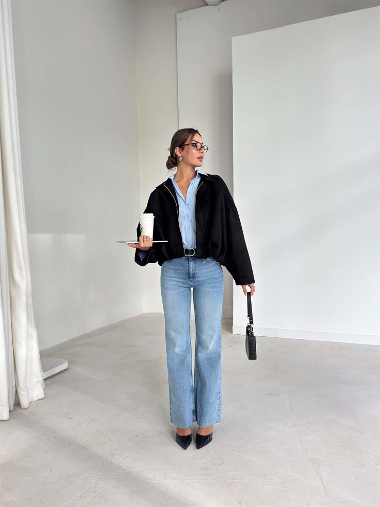 Fermuarlı Geniş Yaka Kalmen Siyah Kadın Mont 26K081