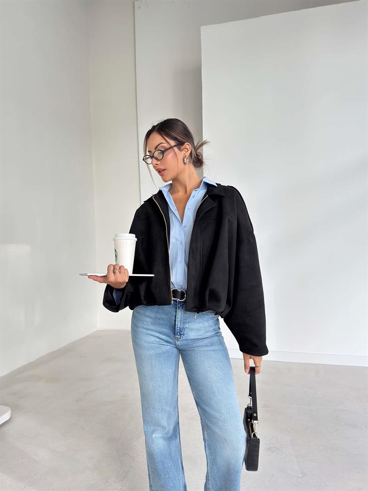 Fermuarlı Geniş Yaka Kalmen Siyah Kadın Mont 26K081