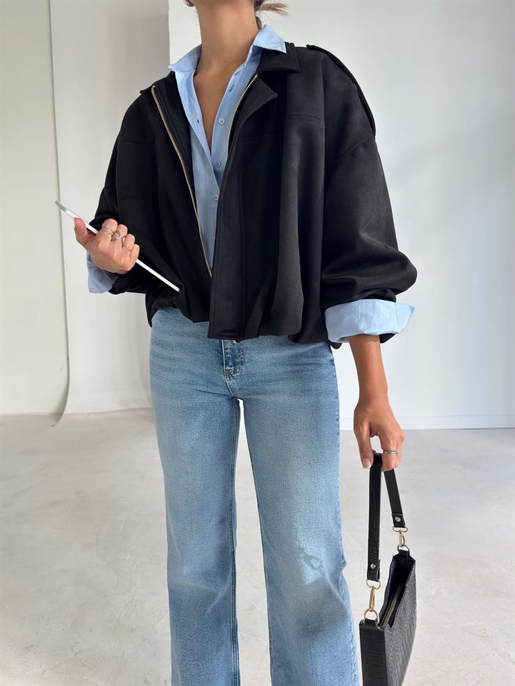 Fermuarlı Geniş Yaka Kalmen Siyah Kadın Mont 26K081