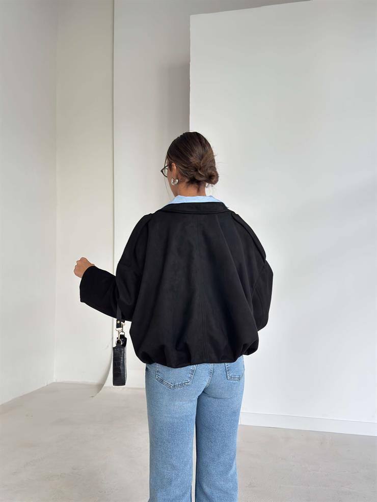 Fermuarlı Geniş Yaka Kalmen Siyah Kadın Mont 26K081