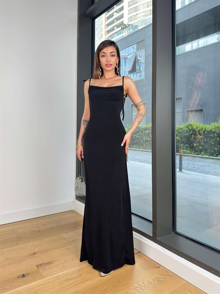 Askılı Degaje Yaka Sırt Dekolteli Kalmer Siyah Kadın Elbise 25Y344