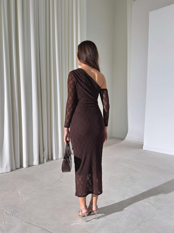 Dantel Tek Omuz Kalmire Kahve Kadın Elbise 26K418