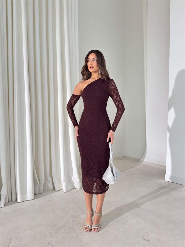 Dantel Tek Omuz Kalmire Bordo Kadın Elbise 26K418