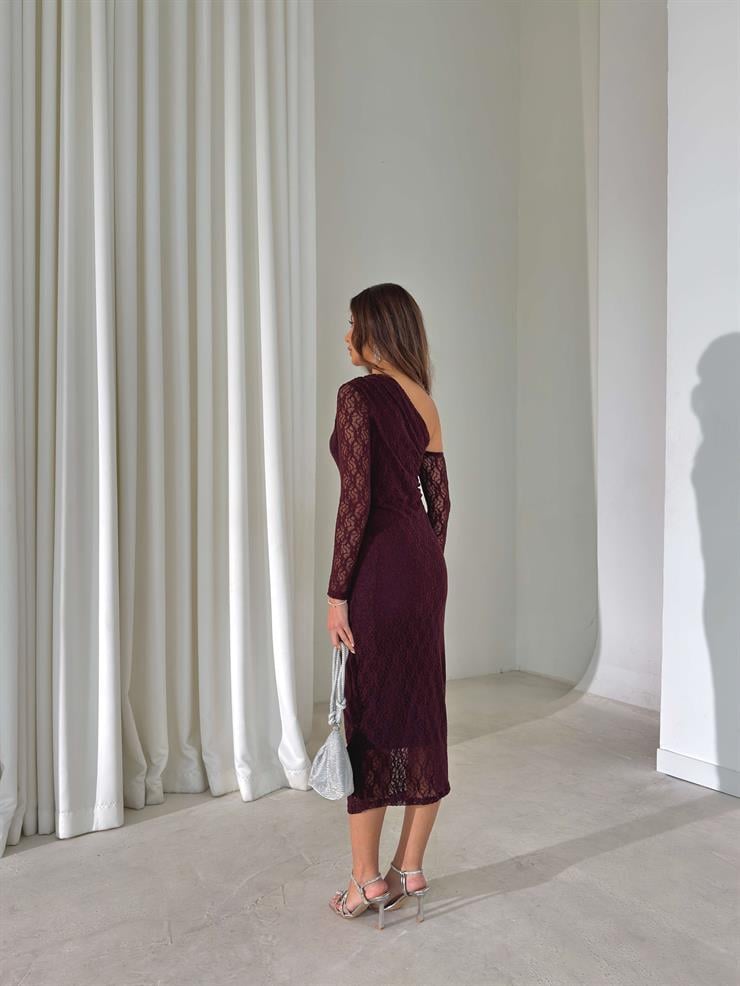 Dantel Tek Omuz Kalmire Bordo Kadın Elbise 26K418