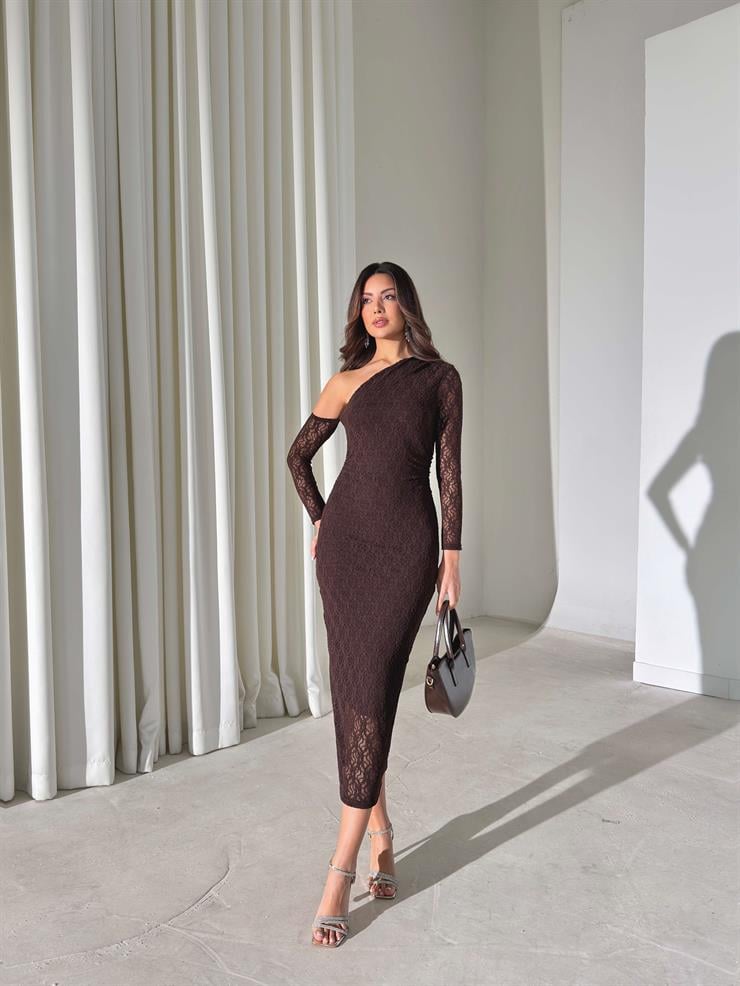Dantel Tek Omuz Kalmire Kahve Kadın Elbise 26K418