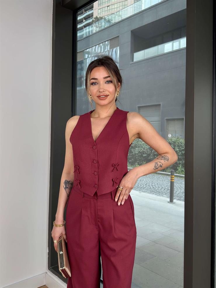 Düğme Kapamalı Fiyonk Detaylı Kalmm Bordo Kadın Crop Yelek 25Y246