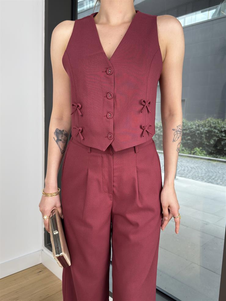 Düğme Kapamalı Fiyonk Detaylı Kalmm Bordo Kadın Crop Yelek 25Y246