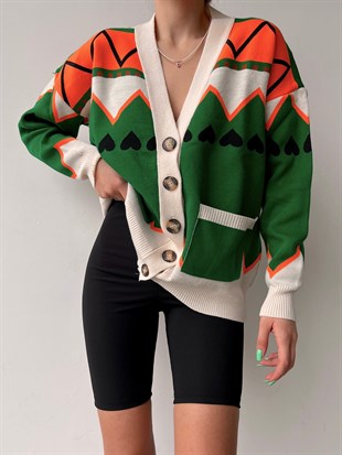 Kalp Ve Zigzak Desenli Kadın Renkli OversizeTriko Hırka 22K000027