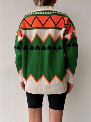 Kalp Ve Zigzak Desenli Kadın Renkli OversizeTriko Hırka 22K000027