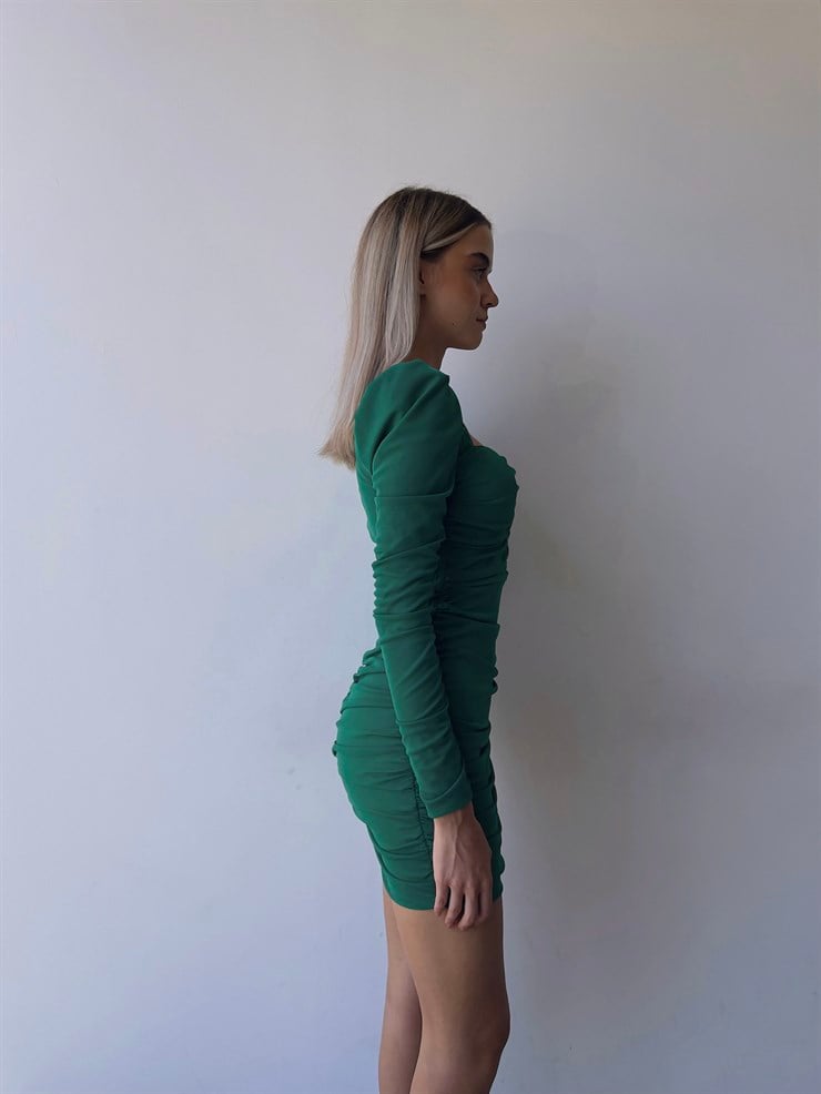 Kalp Yaka Drape Detay Uzun Kollu Lucida Kadın Yeşil Elbise 23K000092