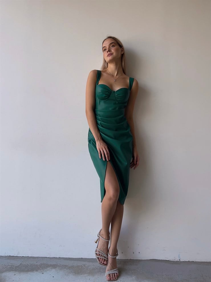 Kalp Yaka Drapeli Kalın Askılı Eteği Kruvaze Jamarcus Kadın Yeşil Vegan Deri Elbise 23K000095