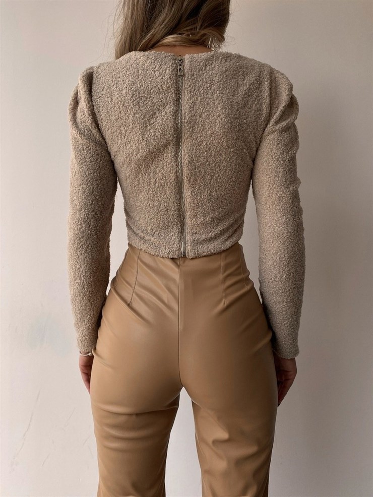 Kalp Yaka Havlu Kumaş Buklet Kadın Vizon Bluz 22K000248