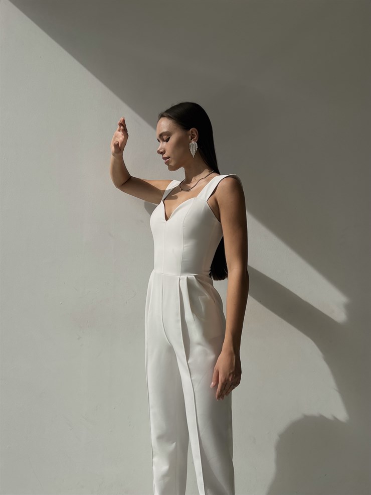 Kalp Yaka Kalın Askı Arkası Fermuarlı Ruby Kadın Beyaz Tulum 22K000568