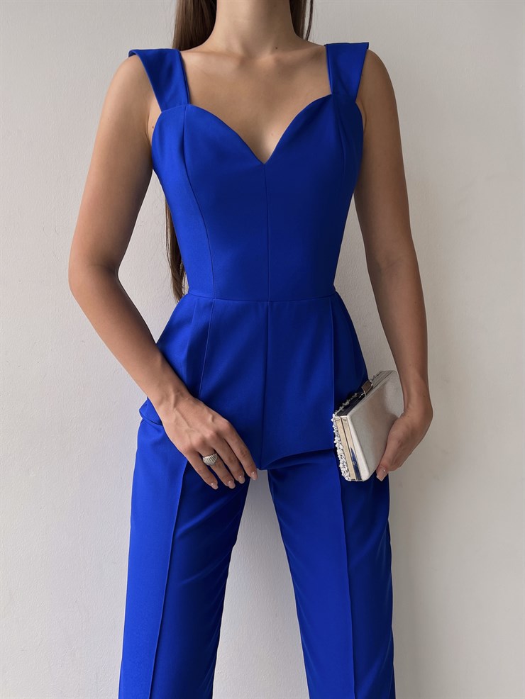 Kalp Yaka Kalın Askı Arkası Fermuarlı Ruby Kadın Saks Tulum 22K000568