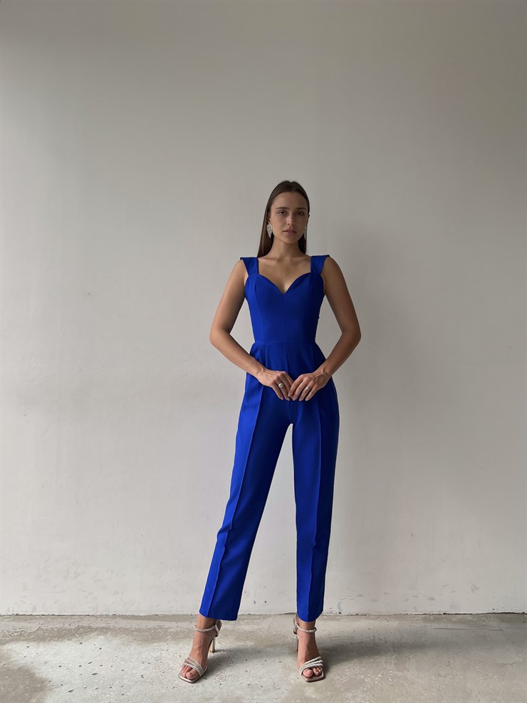 Kalp Yaka Kalın Askı Arkası Fermuarlı Ruby Kadın Saks Tulum 22K000568