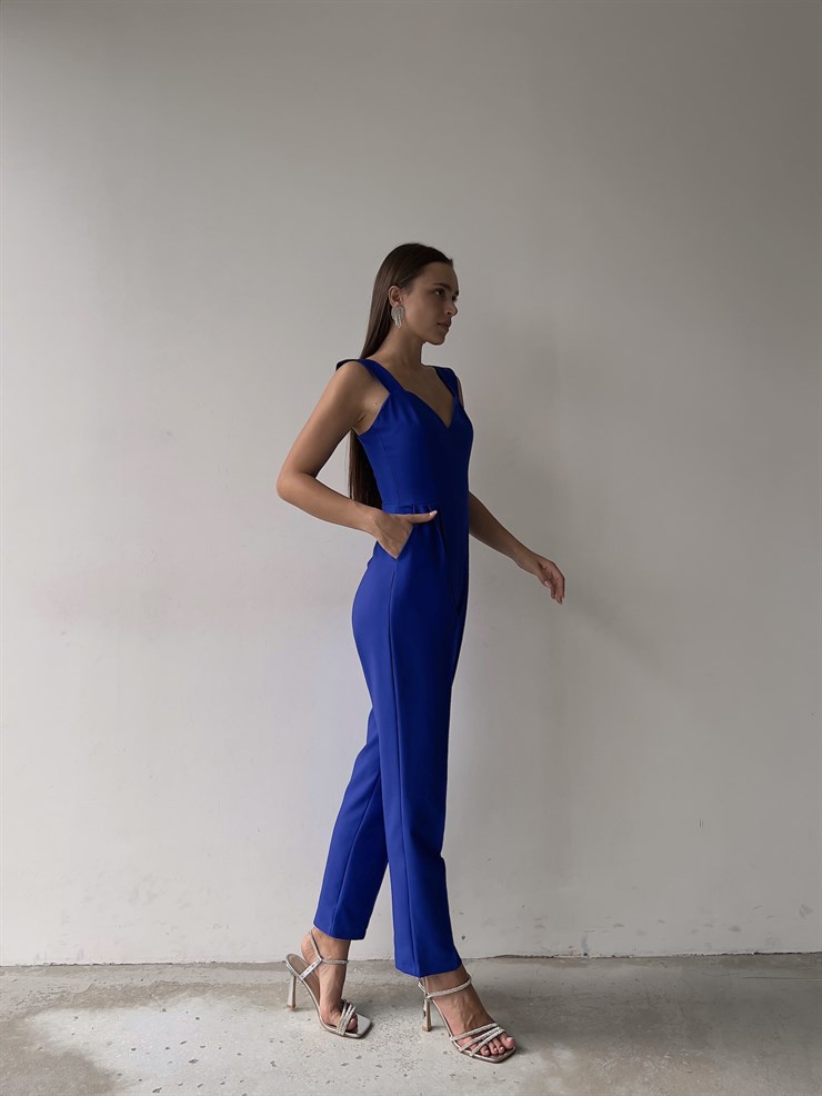 Kalp Yaka Kalın Askı Arkası Fermuarlı Ruby Kadın Saks Tulum 22K000568