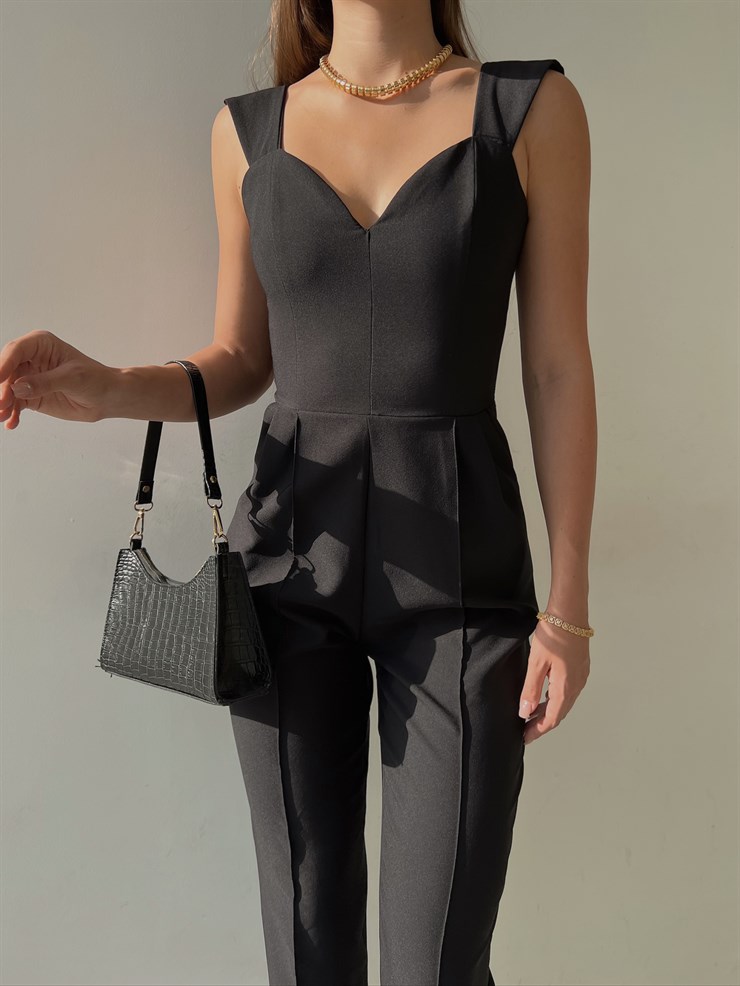 Kalp Yaka Kalın Askı Arkası Fermuarlı Ruby Kadın Siyah Tulum 22K000568