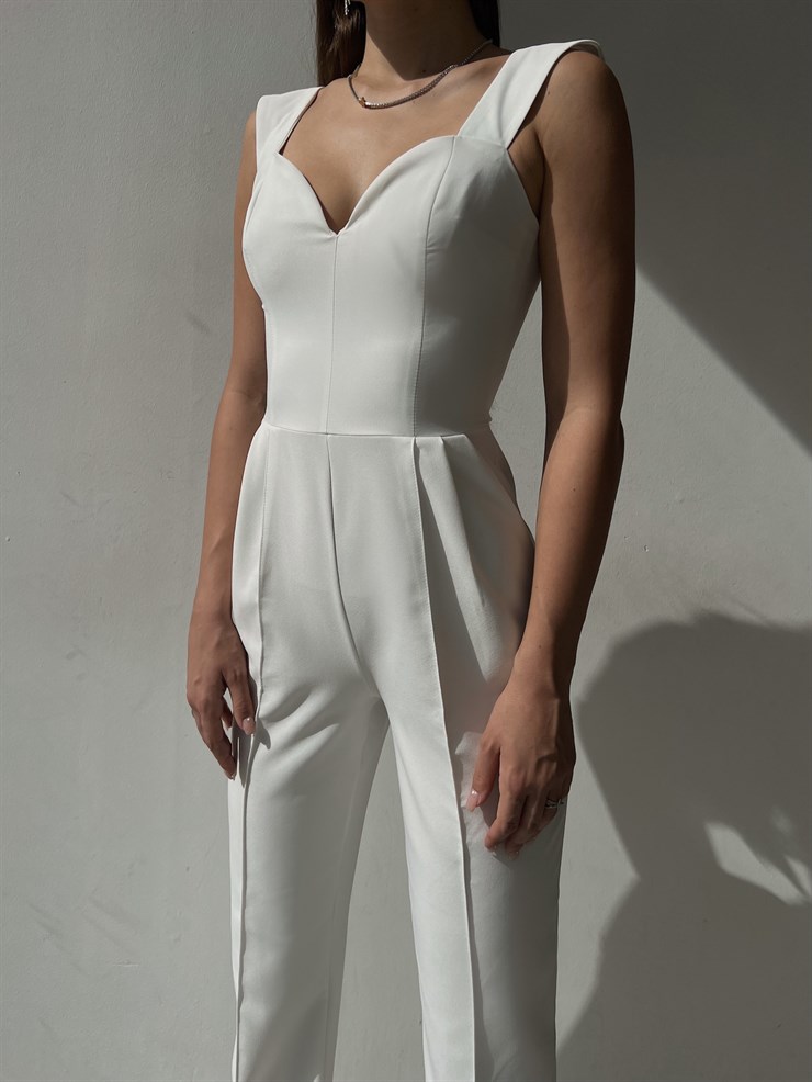 Kalp Yaka Kalın Askı Arkası Fermuarlı Ruby Kadın Beyaz Tulum 22K000568