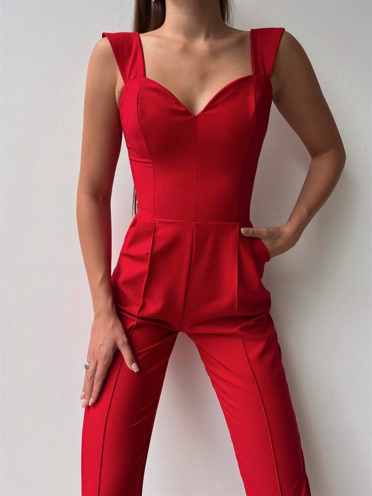 Kalp Yaka Kalın Askı Arkası Fermuarlı Ruby Kadın Kırmızı Tulum 22K000568