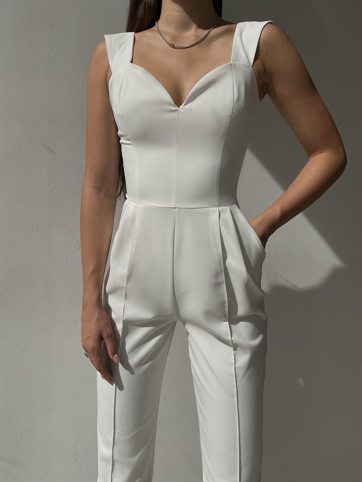 Kalp Yaka Kalın Askı Arkası Fermuarlı Ruby Kadın Beyaz Tulum 22K000568