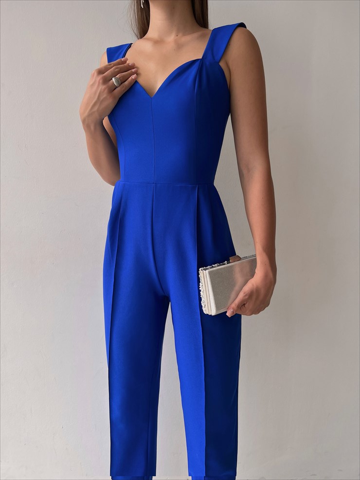 Kalp Yaka Kalın Askı Arkası Fermuarlı Ruby Kadın Saks Tulum 22K000568