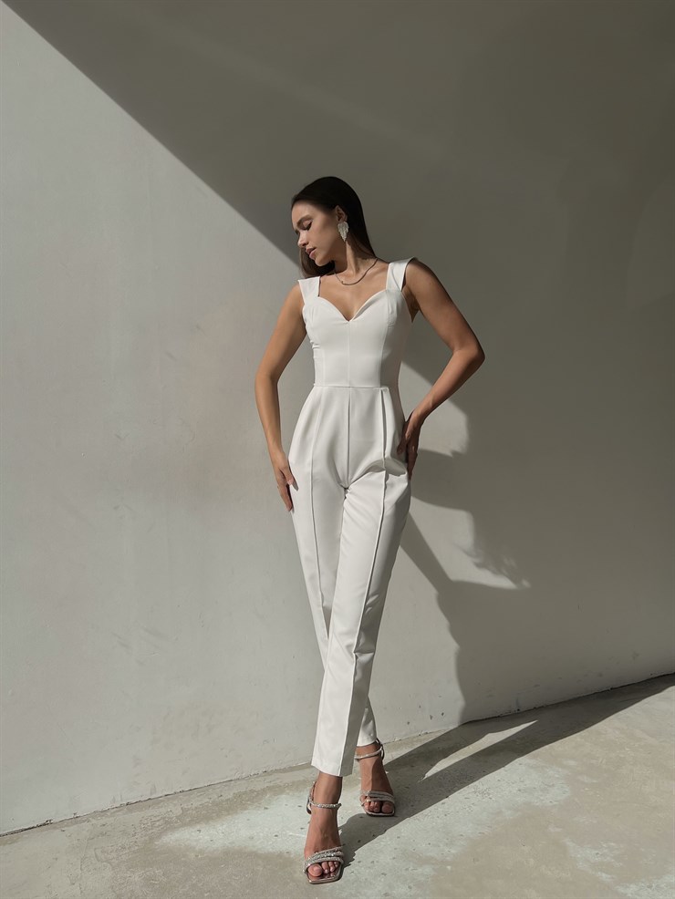 Kalp Yaka Kalın Askı Arkası Fermuarlı Ruby Kadın Beyaz Tulum 22K000568