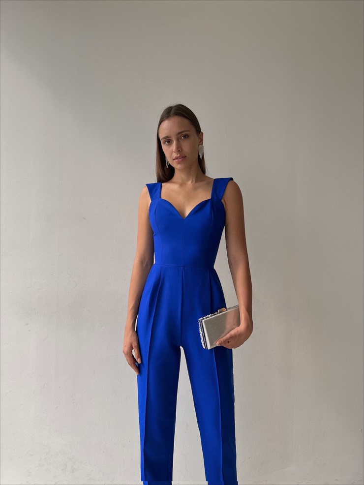 Kalp Yaka Kalın Askı Arkası Fermuarlı Ruby Kadın Saks Tulum 22K000568