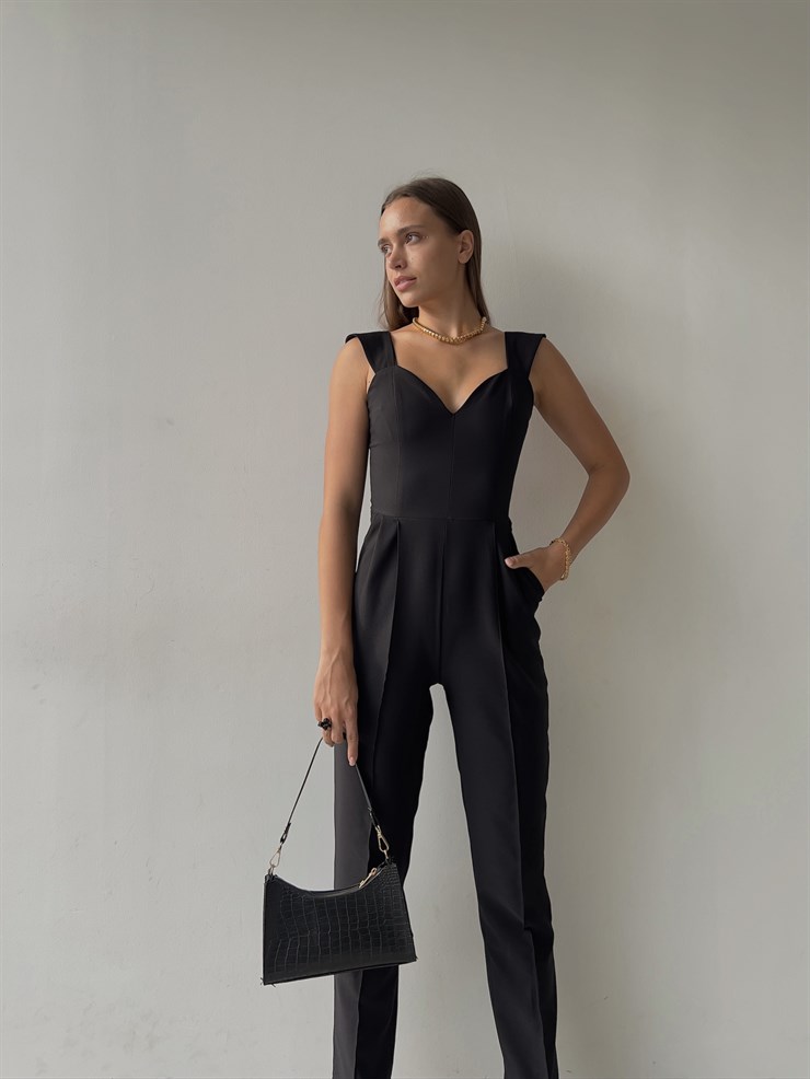 Kalp Yaka Kalın Askı Arkası Fermuarlı Ruby Kadın Siyah Tulum 22K000568