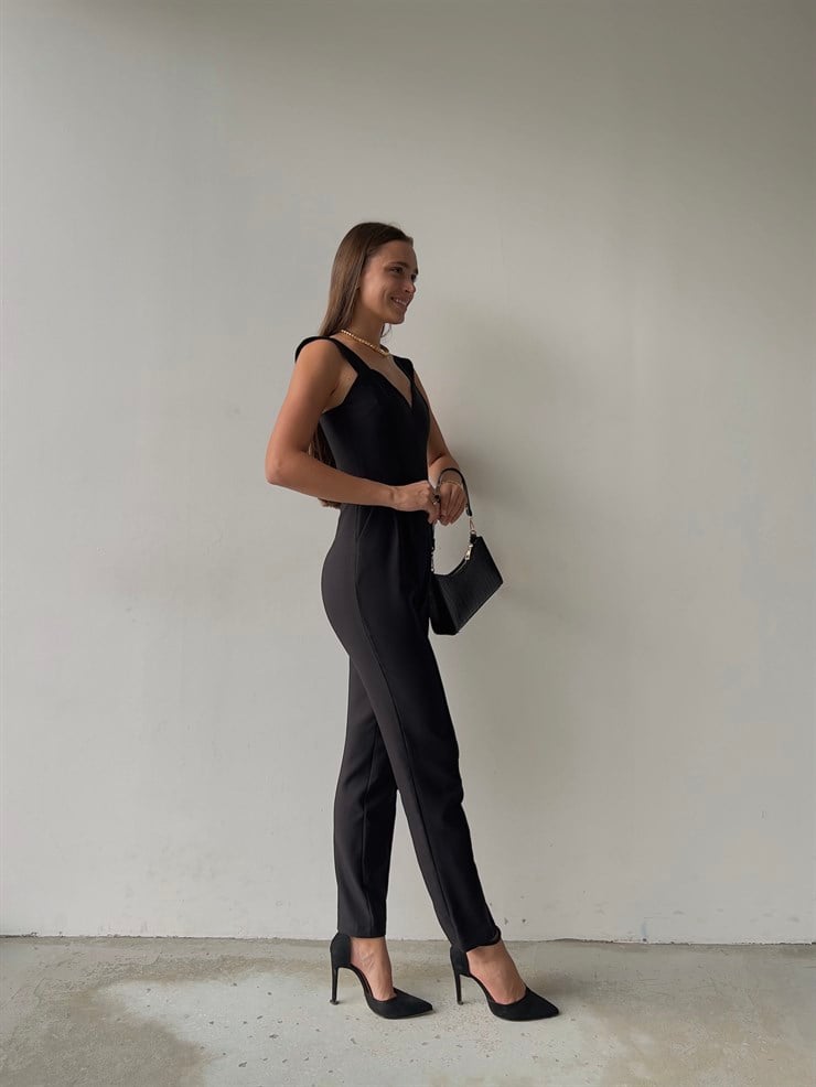 Kalp Yaka Kalın Askı Arkası Fermuarlı Ruby Kadın Siyah Tulum 22K000568