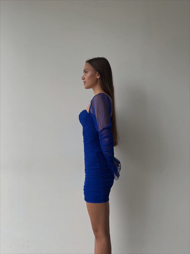 Kalp Yaka Omuz Lastikli Uzun Kol Drape Detaylı Valter Kadın Saks Mini Tül Elbise 23K000043