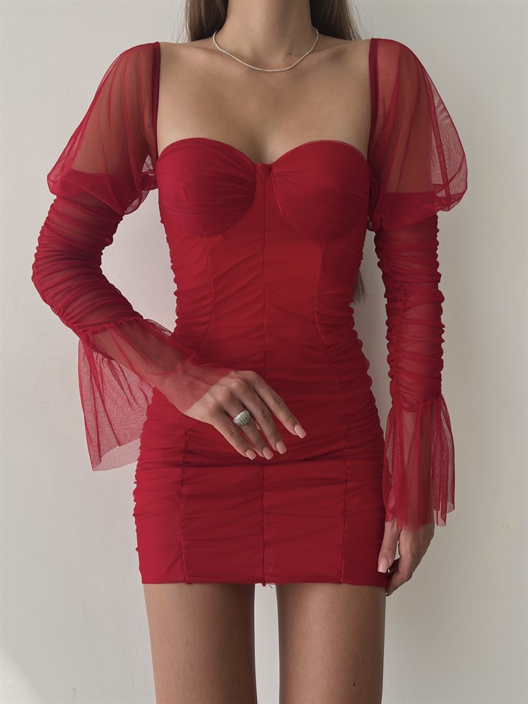 Kalp Yaka Omuz Lastikli Uzun Kol Drape Detaylı Valter Kadın Kırmızı Mini Tül Elbise 23K000043