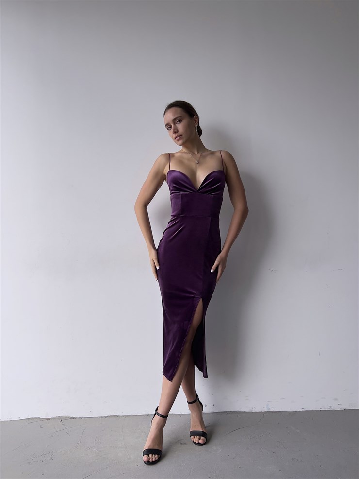 Kalp Yaka Yırtmaçlı Elena Kadın İp Askılı Midi Mürdüm Elbise 23K000303