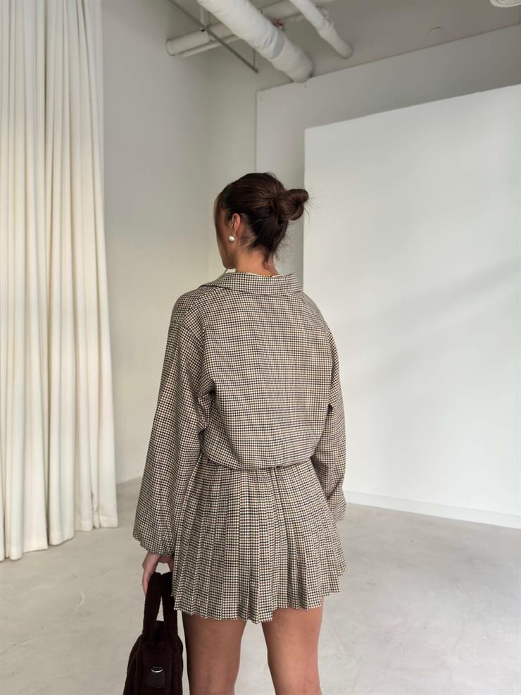 Ekose Desen Pileli İçi Şortlu Kemerli Kalrine Bej Kadın Etek 26K277