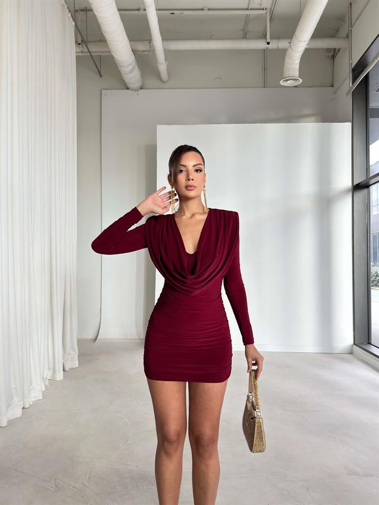 Degaje Yaka Drape Detaylı Arkası Büzgülü Kamida Bordo Kadın Elbise 26K324