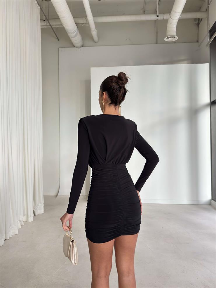 Degaje Yaka Drape Detaylı Arkası Büzgülü Kamida Siyah Kadın Elbise 26K324