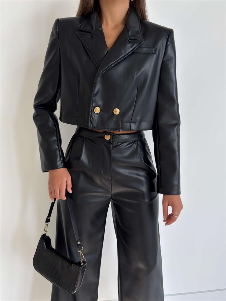 Vegan Deri Kruvaze Yaka Düğmeli İkili Crop Kander Siyah Kadın Deri Takım 26K038