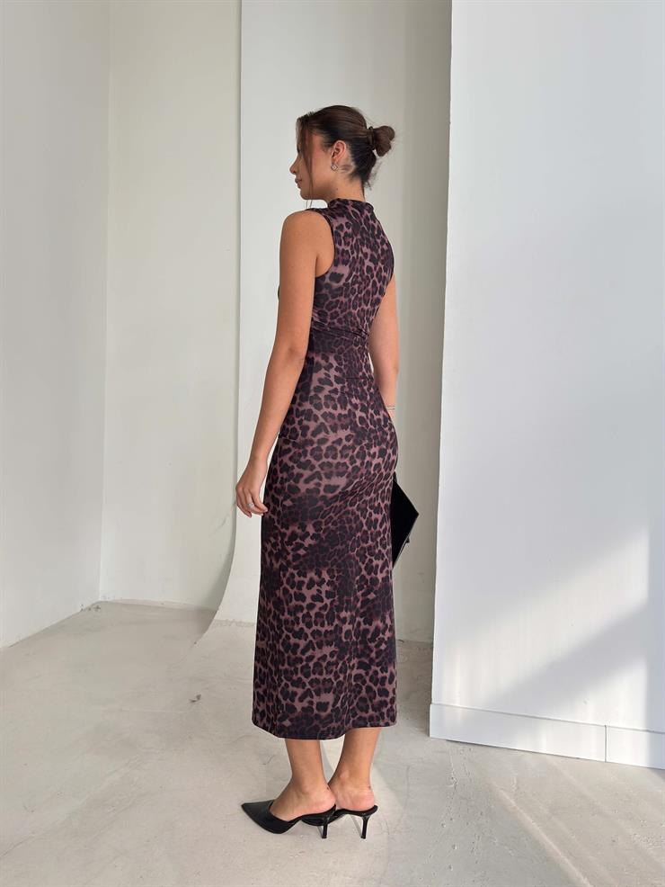 Desenli Kolsuz Drape Detaylı Kane Kahve Kadın Elbise 26K281