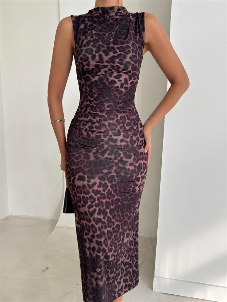 Desenli Kolsuz Drape Detaylı Kane Kahve Kadın Elbise 26K281