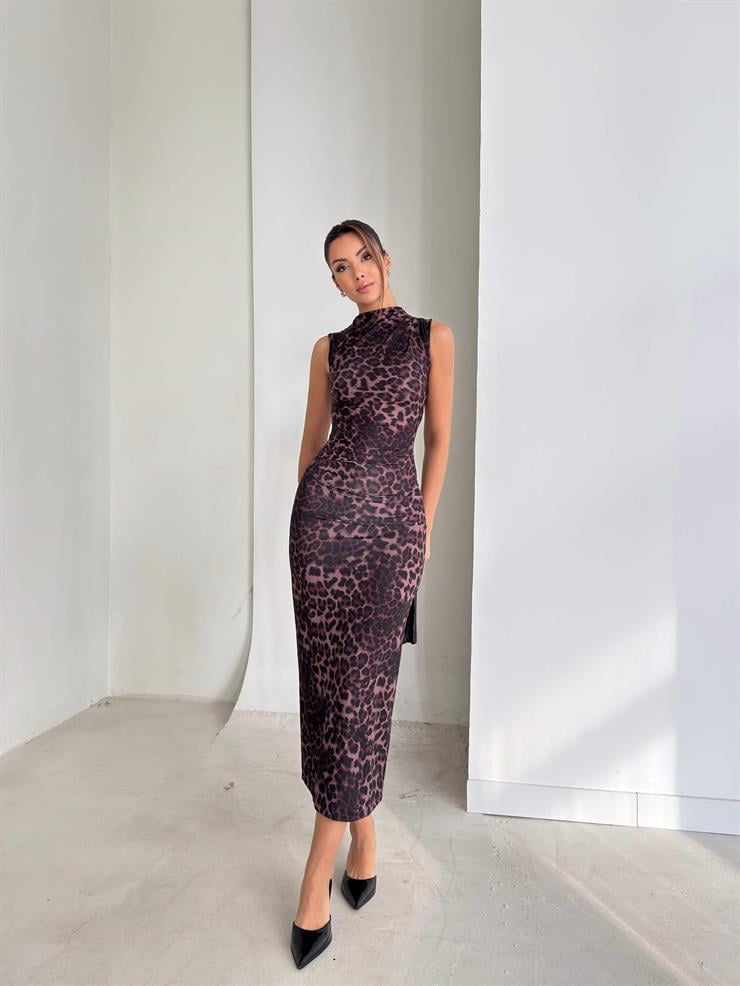 Desenli Kolsuz Drape Detaylı Kane Kahve Kadın Elbise 26K281