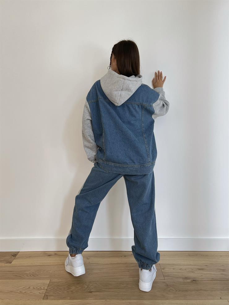 Kanguru Cepli Kapüşonlu Arkası Denim Sweatshirt Bilek Kısmı Lastikli Arkası Jean Görünümlü Eşofman Alejandro Kadın Gri Melanj Eşofman Takım 24k000048