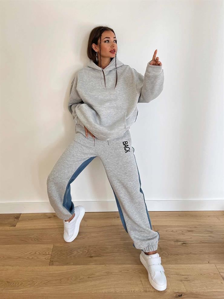 Kanguru Cepli Kapüşonlu Arkası Denim Sweatshirt Bilek Kısmı Lastikli Arkası Jean Görünümlü Eşofman Alejandro Kadın Gri Melanj Eşofman Takım 24k000048