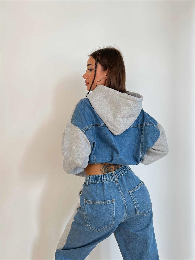 Kanguru Cepli Kapüşonlu Arkası Denim Sweatshirt Bilek Kısmı Lastikli Arkası Jean Görünümlü Eşofman Alejandro Kadın Gri Melanj Eşofman Takım 24k000048