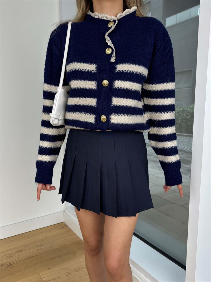 Düğme Kapamalı İşleme Detaylı Çizgili Kanzi Lacivert Kadın Hırka 25K411