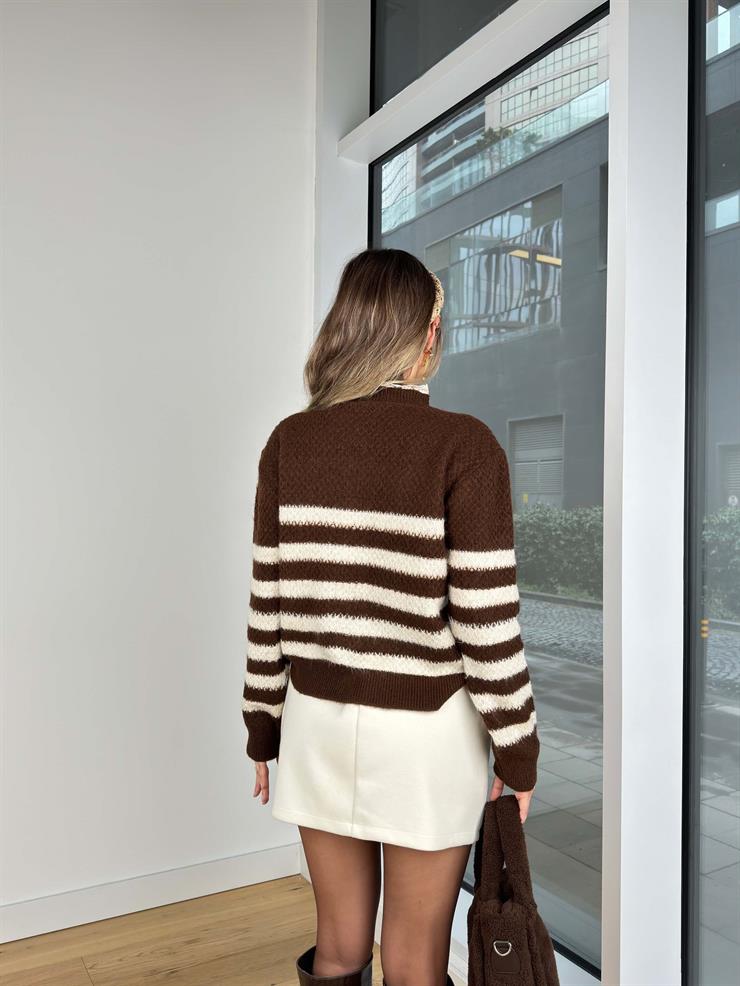 Düğme Kapamalı İşleme Detaylı Çizgili Kanzi Kahve Kadın Hırka 25K411